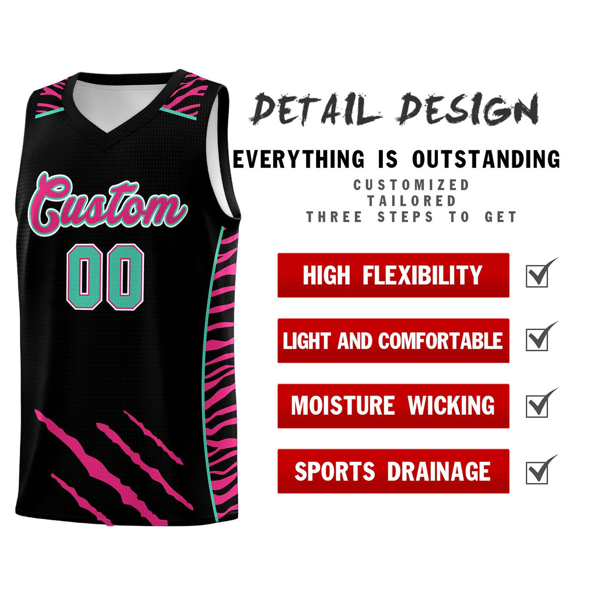 Custom Black Personalized Tiger Claw Pattern Sports Uniform Basketball Jersey