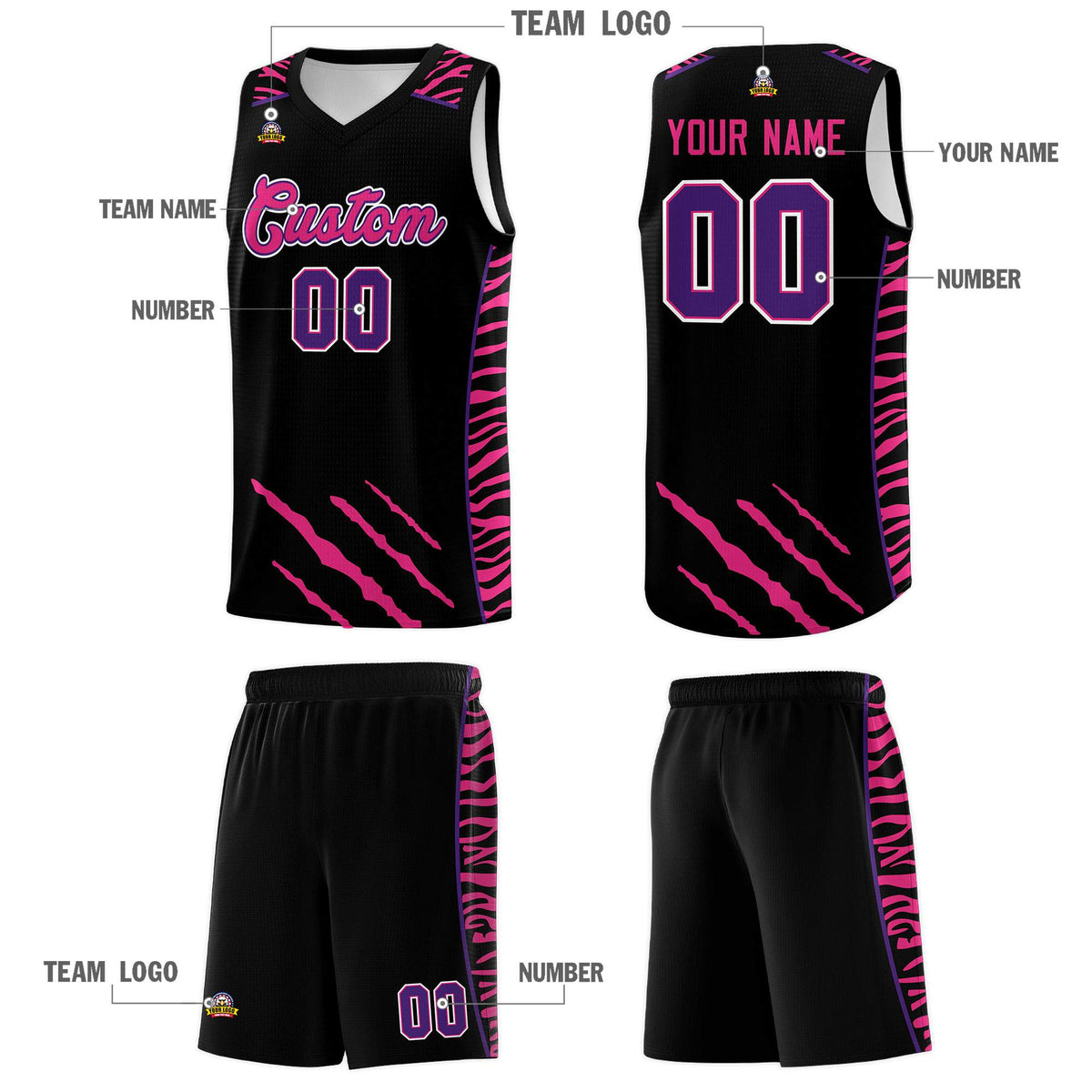 Custom Black Personalized Tiger Claw Pattern Sports Uniform Basketball Jersey