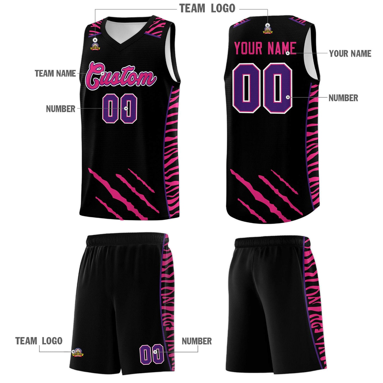 Custom Black Personalized Tiger Claw Pattern Sports Uniform Basketball Jersey