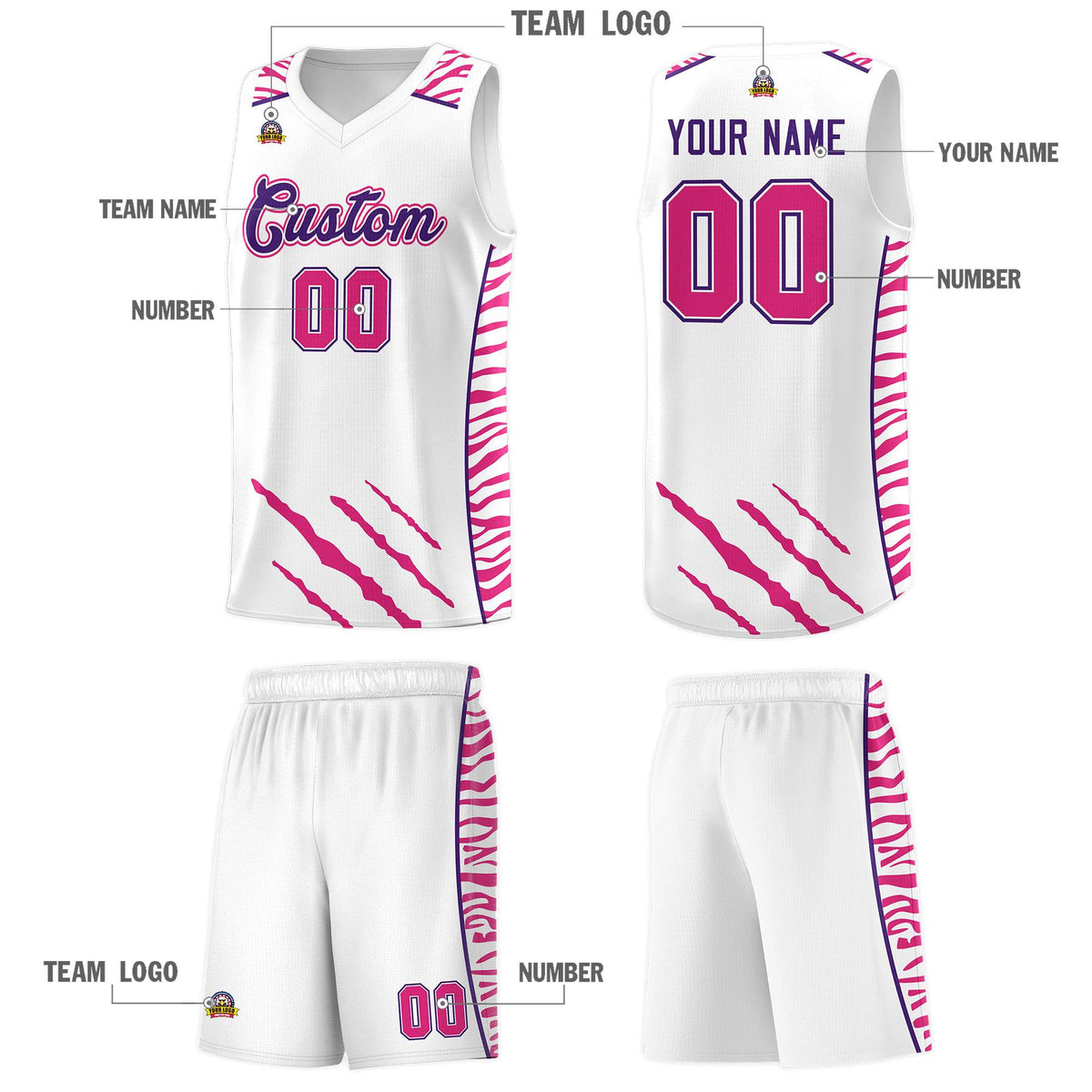 Custom White Personalized Tiger Claw Pattern Sports Uniform Basketball Jersey