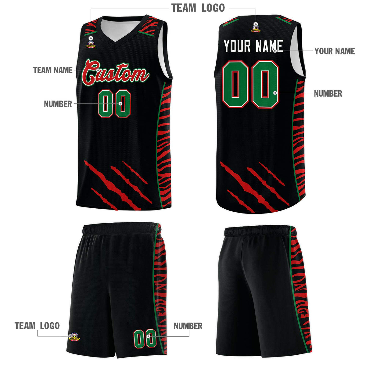 Custom Black Personalized Tiger Claw Pattern Sports Uniform Basketball Jersey
