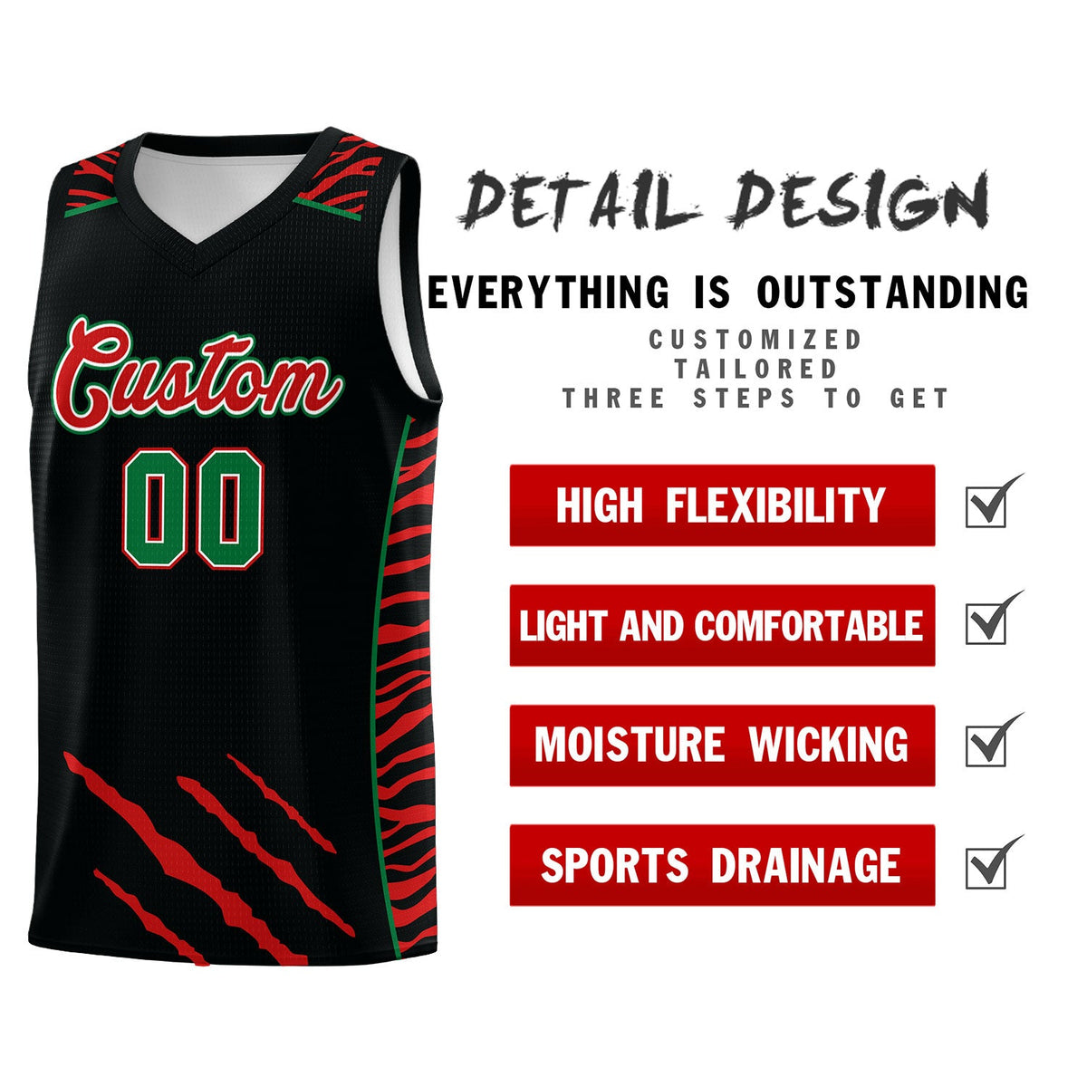 Custom Black Personalized Tiger Claw Pattern Sports Uniform Basketball Jersey