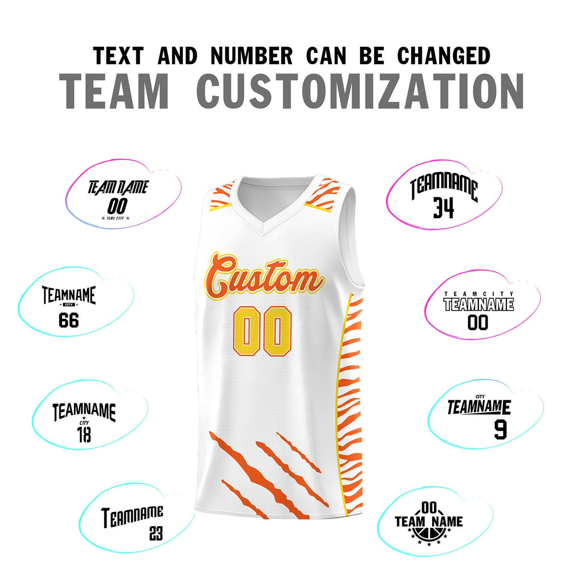 Custom White Personalized Tiger Claw Pattern Sports Uniform Basketball Jersey
