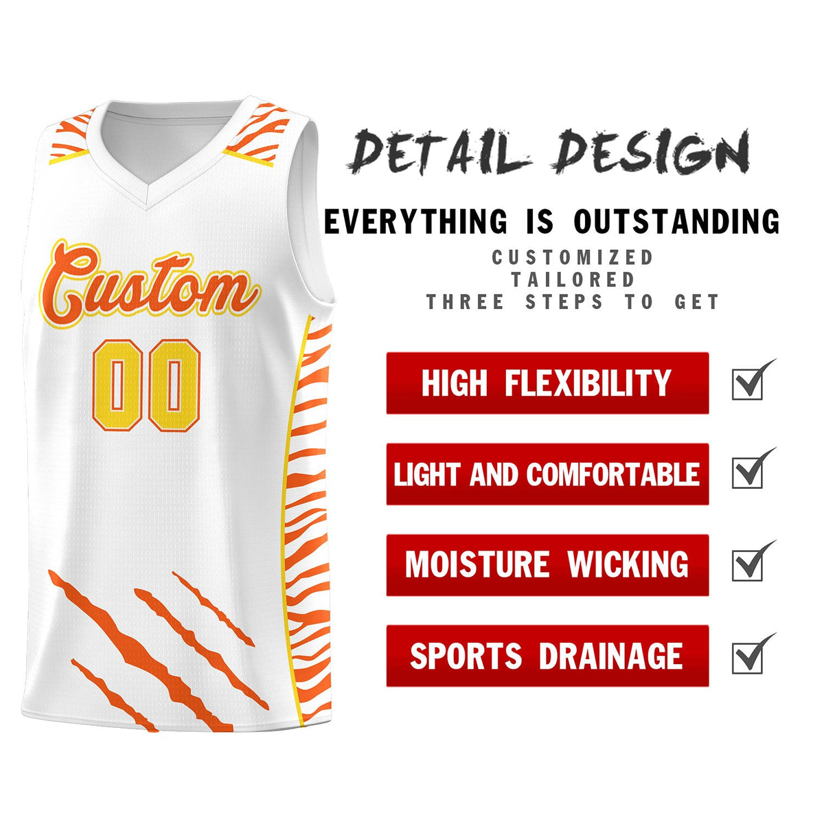 Custom White Personalized Tiger Claw Pattern Sports Uniform Basketball Jersey