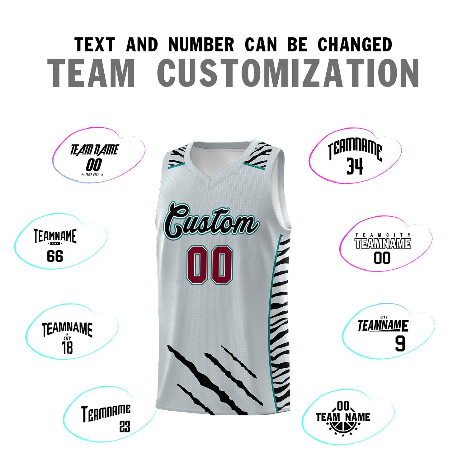 Custom Silver Personalized Tiger Claw Pattern Sports Uniform Basketball Jersey