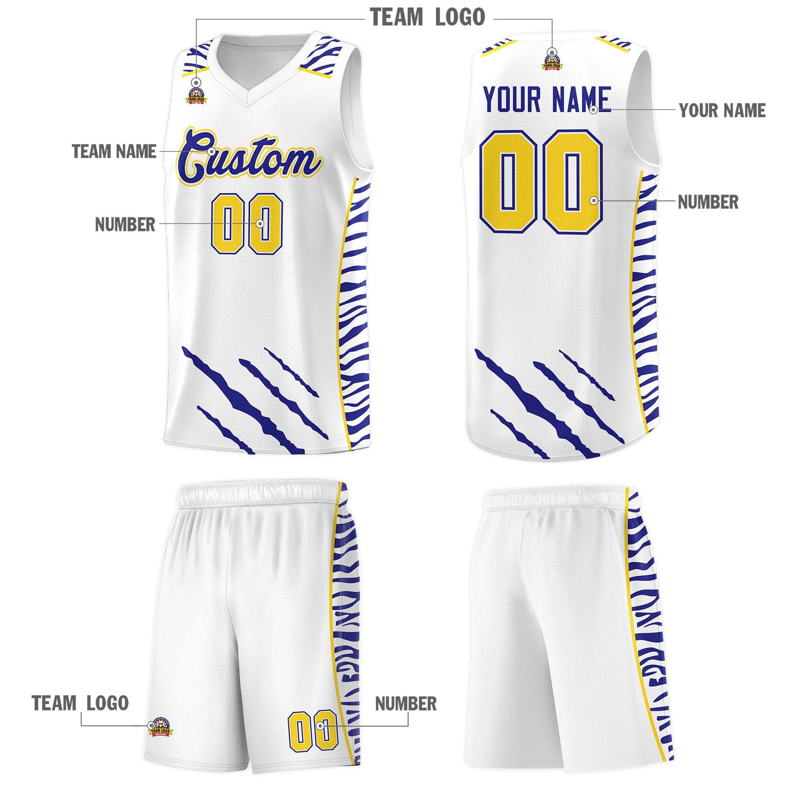 Custom White Personalized Tiger Claw Pattern Sports Uniform Basketball Jersey