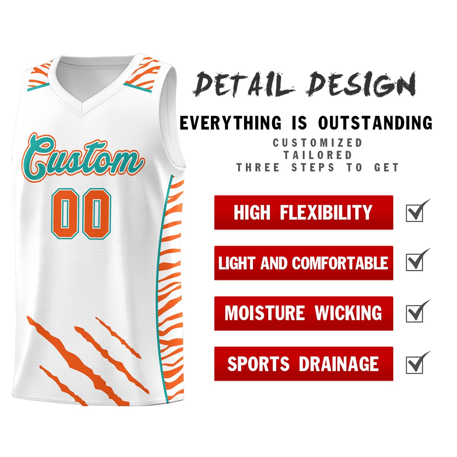 Custom White Personalized Tiger Claw Pattern Sports Uniform Basketball Jersey