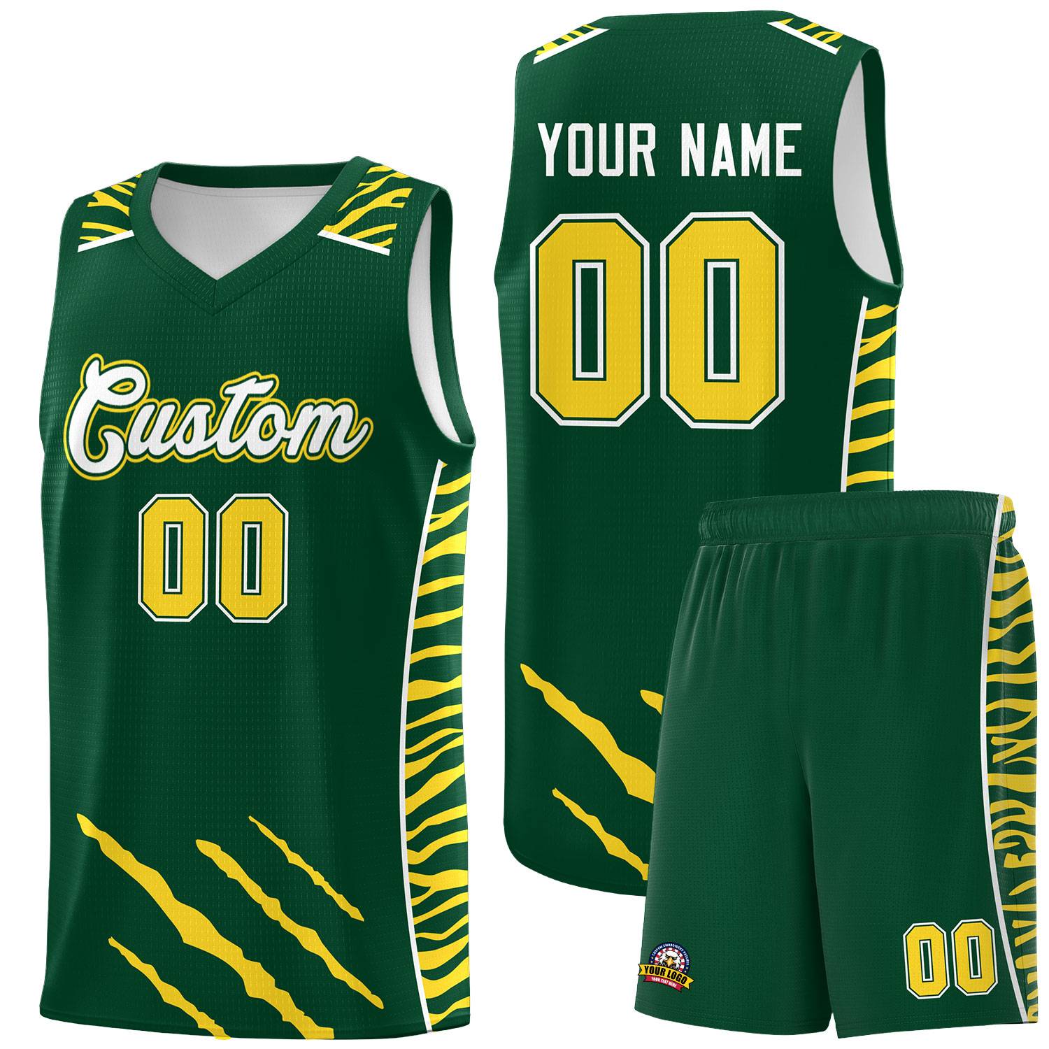 Custom Green Personalized Tiger Claw Pattern Sports Uniform Basketball Jersey