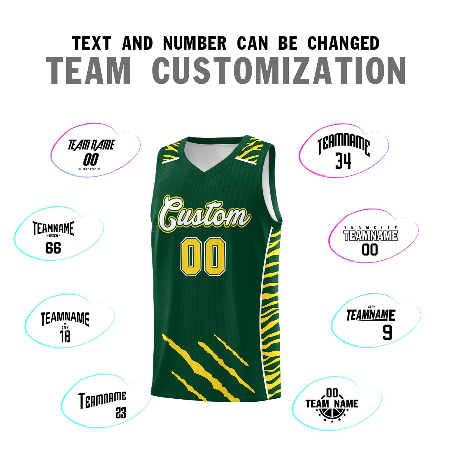 Custom Green Personalized Tiger Claw Pattern Sports Uniform Basketball Jersey