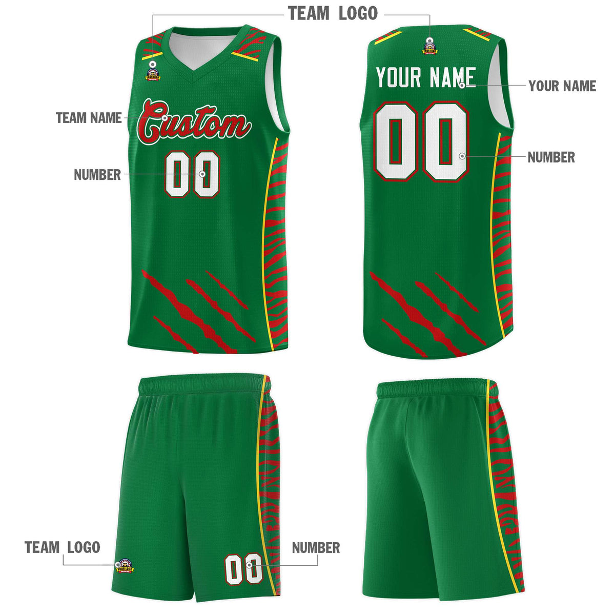 Custom Kelly Green Personalized Tiger Claw Pattern Sports Uniform Basketball Jersey