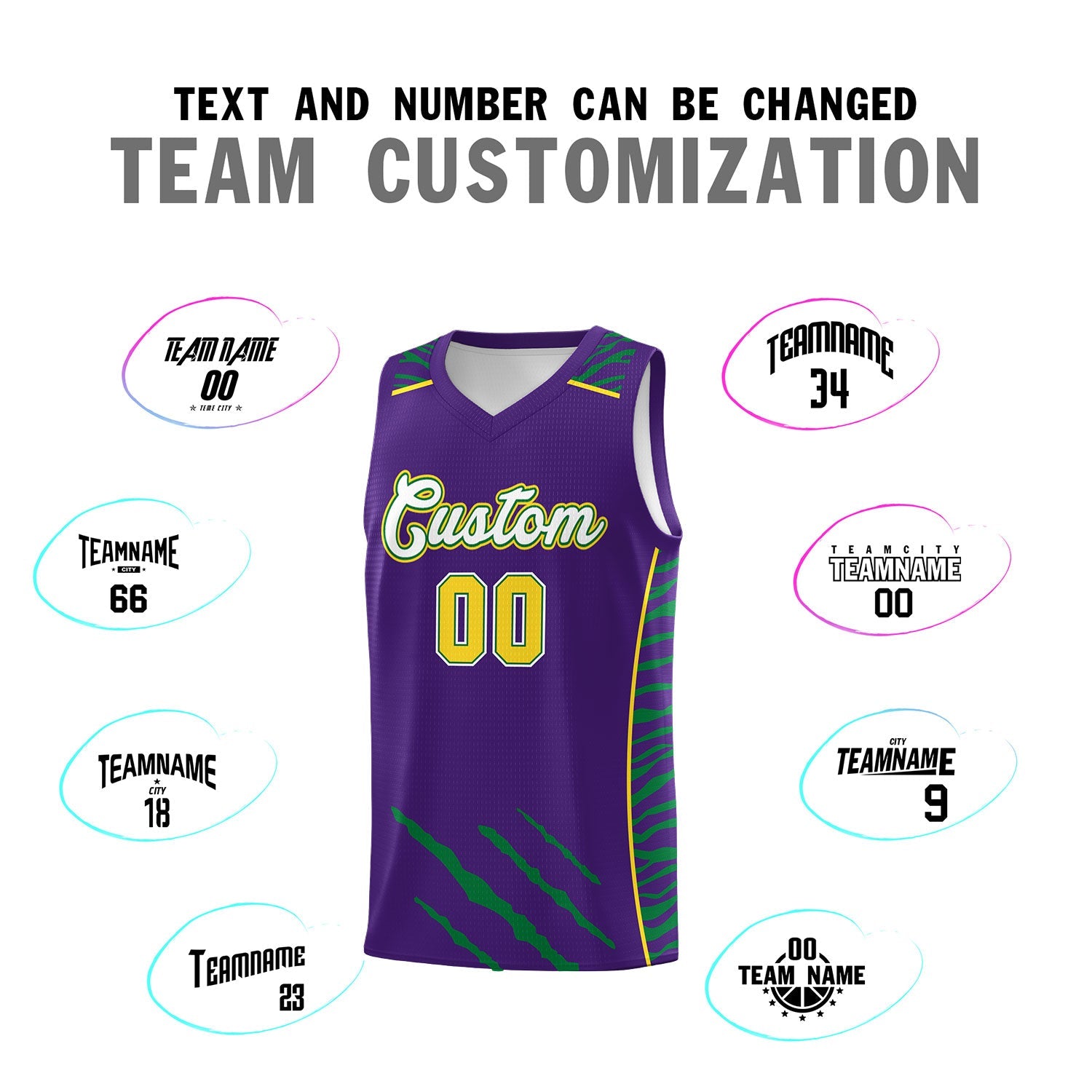 Custom Purple Personalized Tiger Claw Pattern Sports Uniform Basketball Jersey