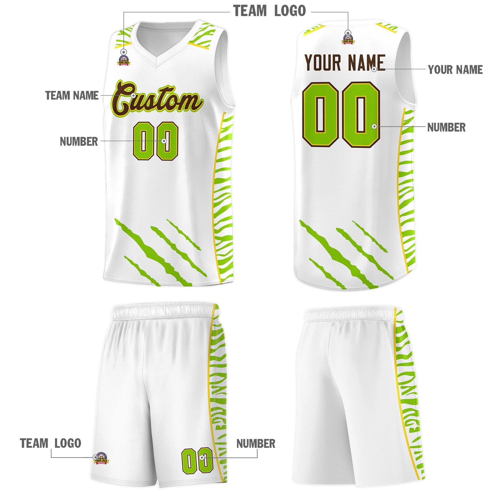 Custom White Personalized Tiger Claw Pattern Sports Uniform Basketball Jersey