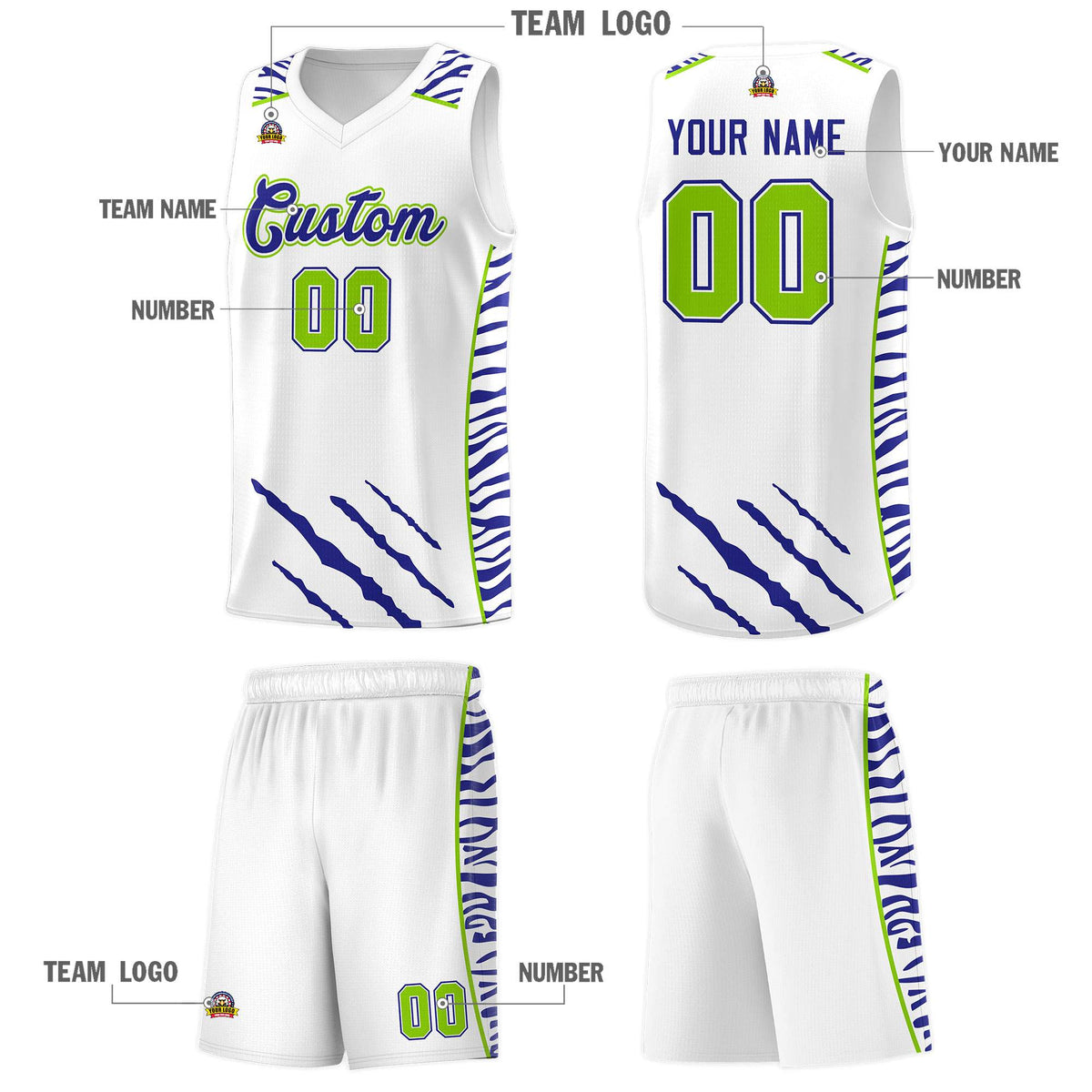 Custom White Personalized Tiger Claw Pattern Sports Uniform Basketball Jersey