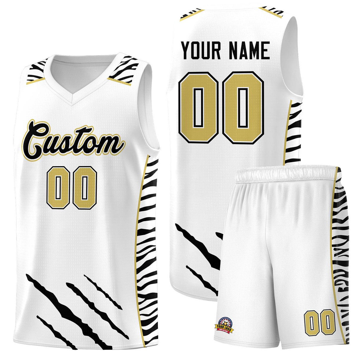 Custom White Personalized Tiger Claw Pattern Sports Uniform Basketball Jersey