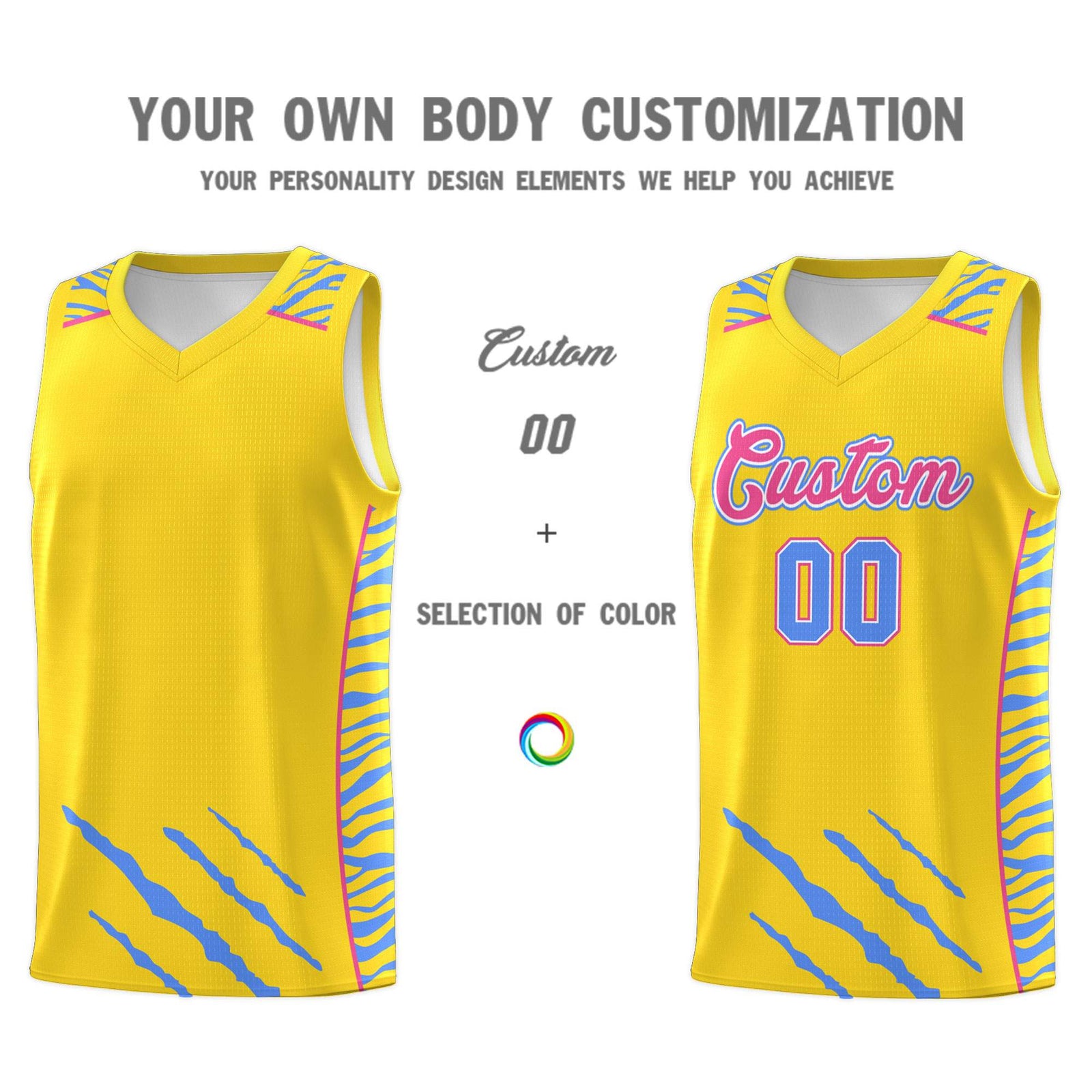 Custom Gold Personalized Tiger Claw Pattern Sports Uniform Basketball Jersey