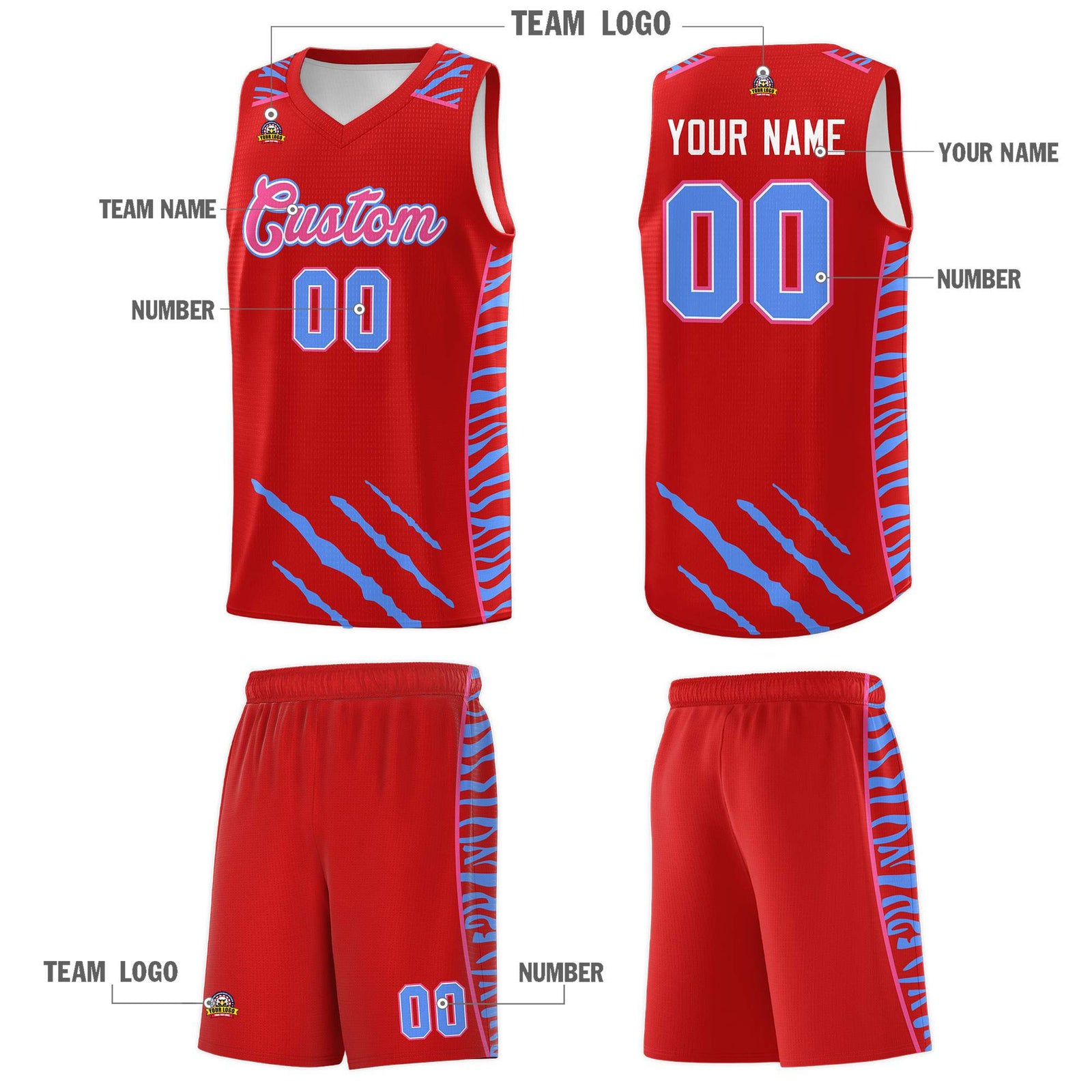 Custom Red Personalized Tiger Claw Pattern Sports Uniform Basketball Jersey