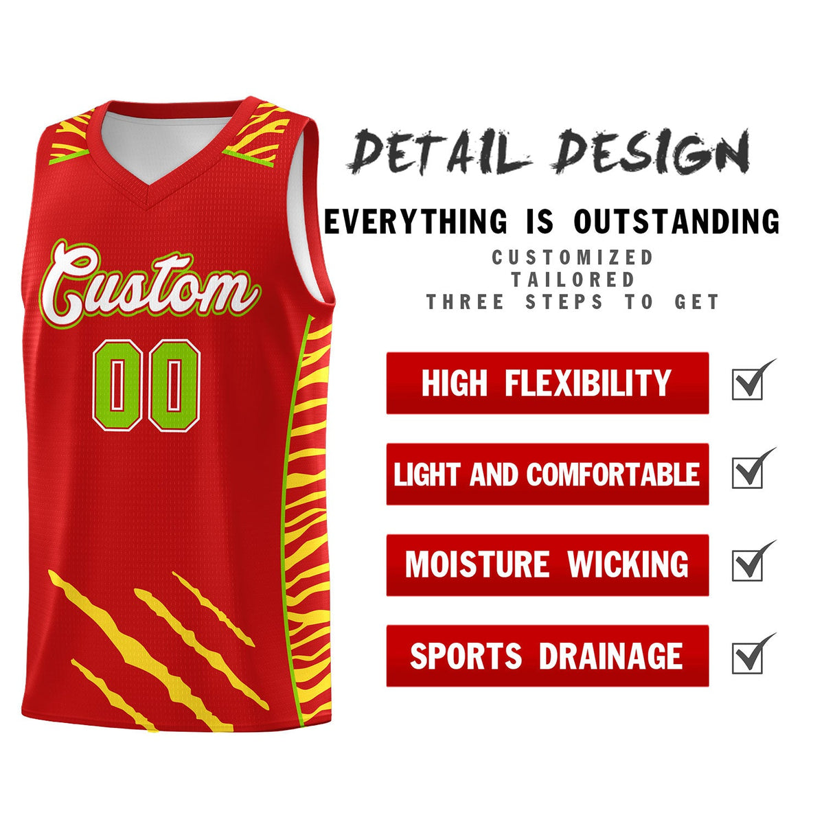 Custom Red Personalized Tiger Claw Pattern Sports Uniform Basketball Jersey