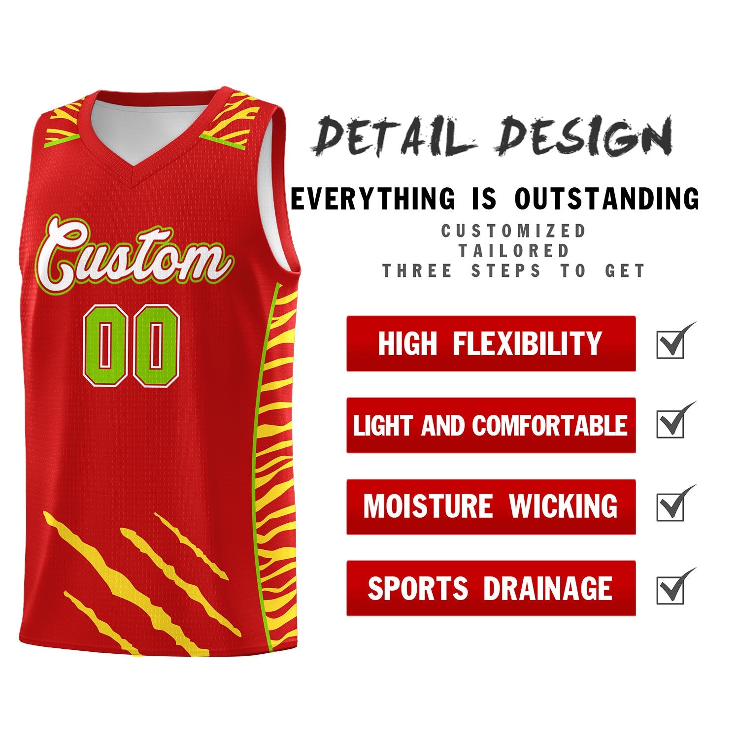Custom Red Personalized Tiger Claw Pattern Sports Uniform Basketball Jersey