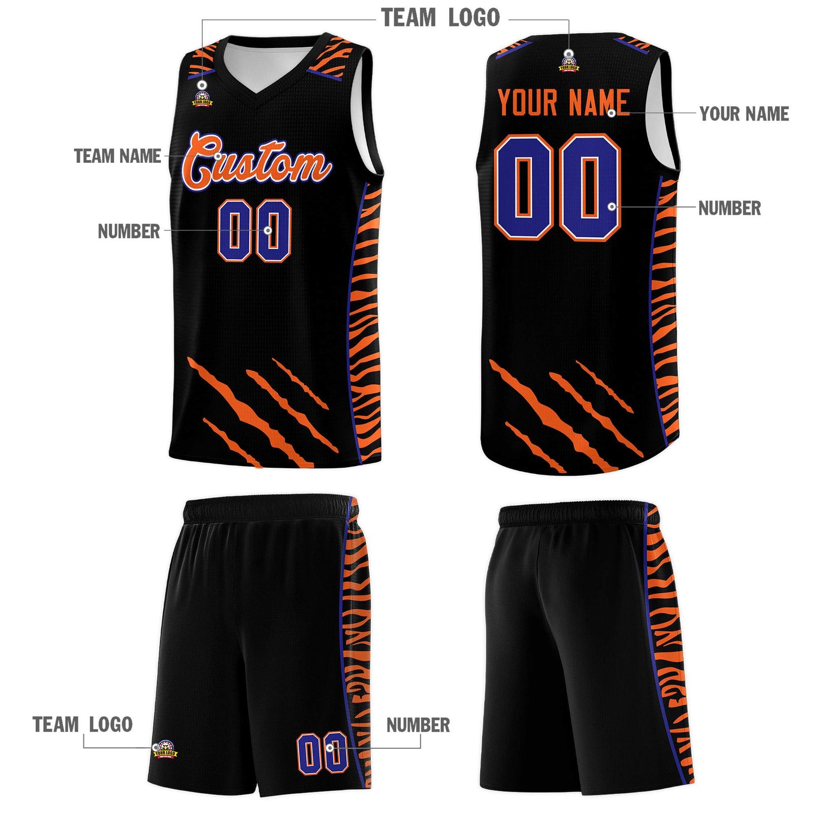 Custom Black Personalized Tiger Claw Pattern Sports Uniform Basketball Jersey