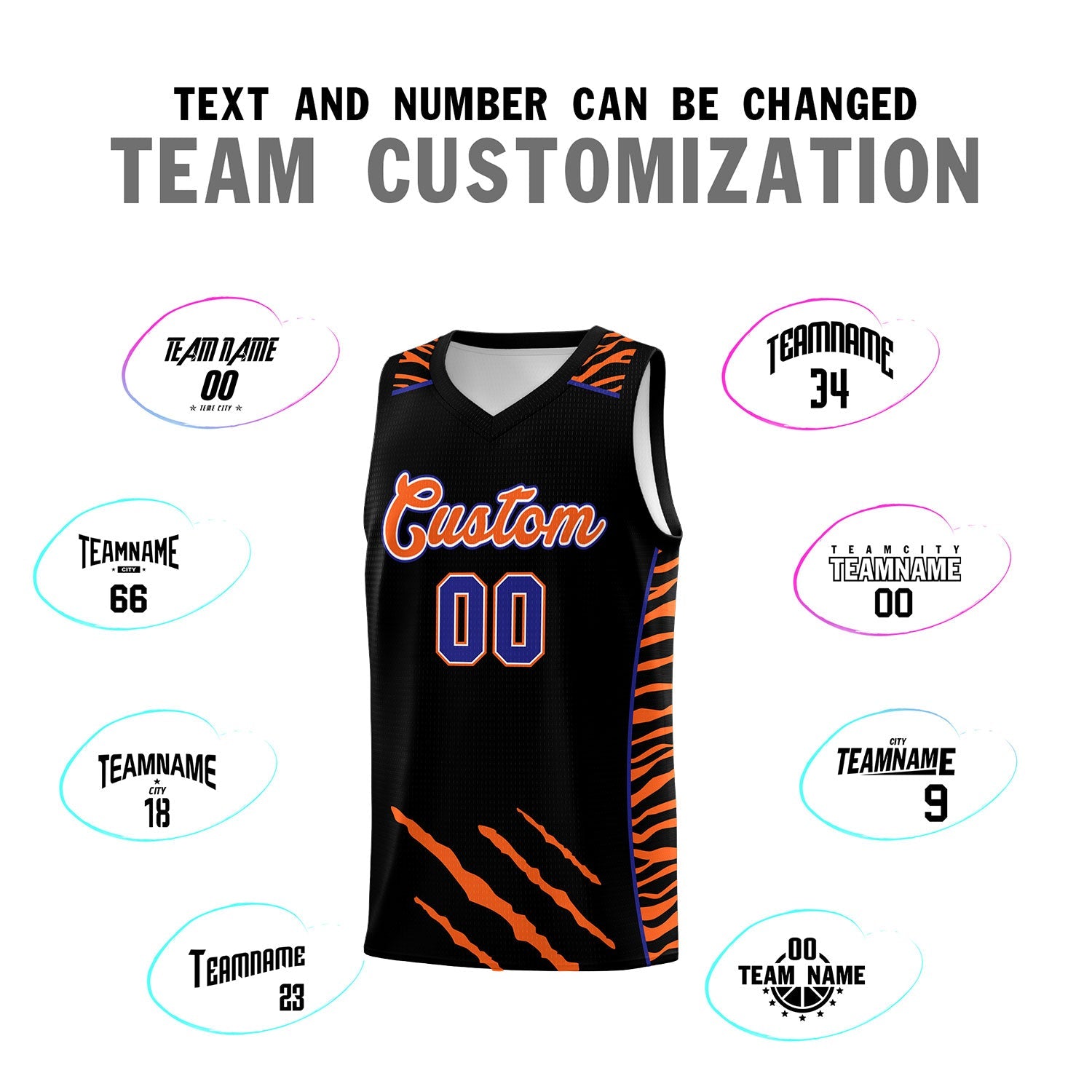 Custom Black Personalized Tiger Claw Pattern Sports Uniform Basketball Jersey