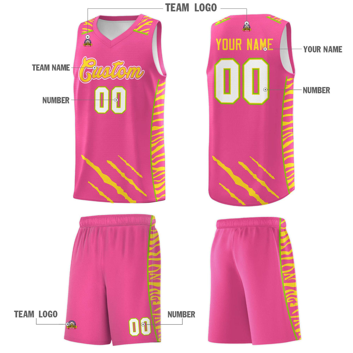Custom Pink Personalized Tiger Claw Pattern Sports Uniform Basketball Jersey