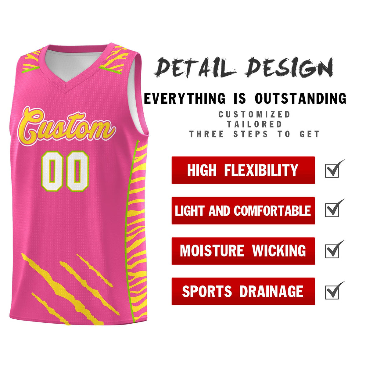 Custom Pink Personalized Tiger Claw Pattern Sports Uniform Basketball Jersey
