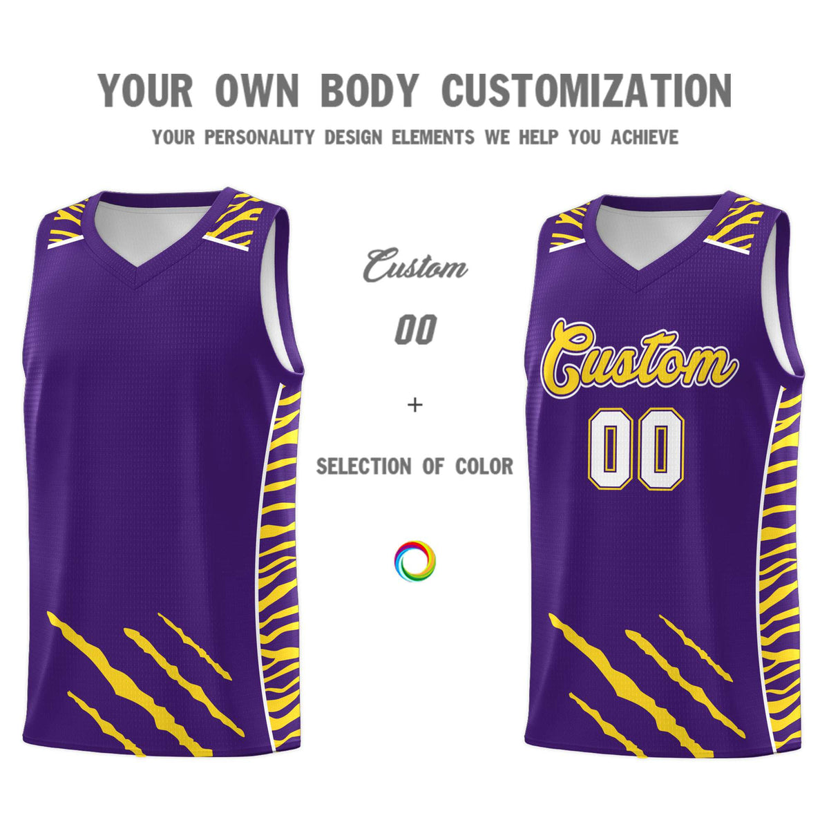 Custom Purple Personalized Tiger Claw Pattern Sports Uniform Basketball Jersey
