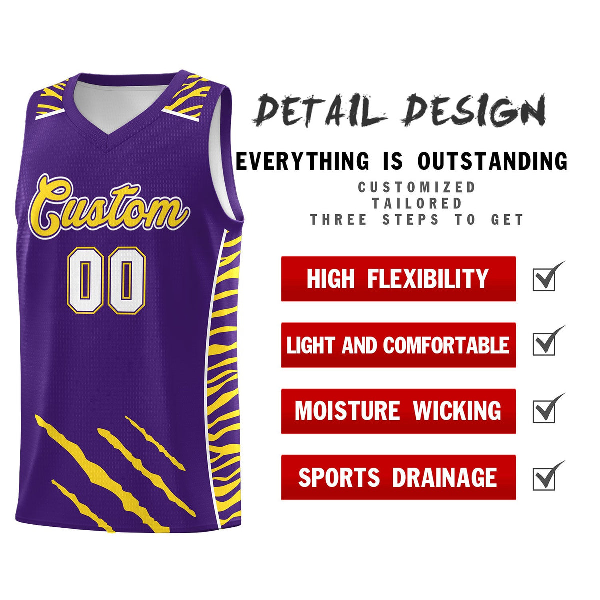 Custom Purple Personalized Tiger Claw Pattern Sports Uniform Basketball Jersey