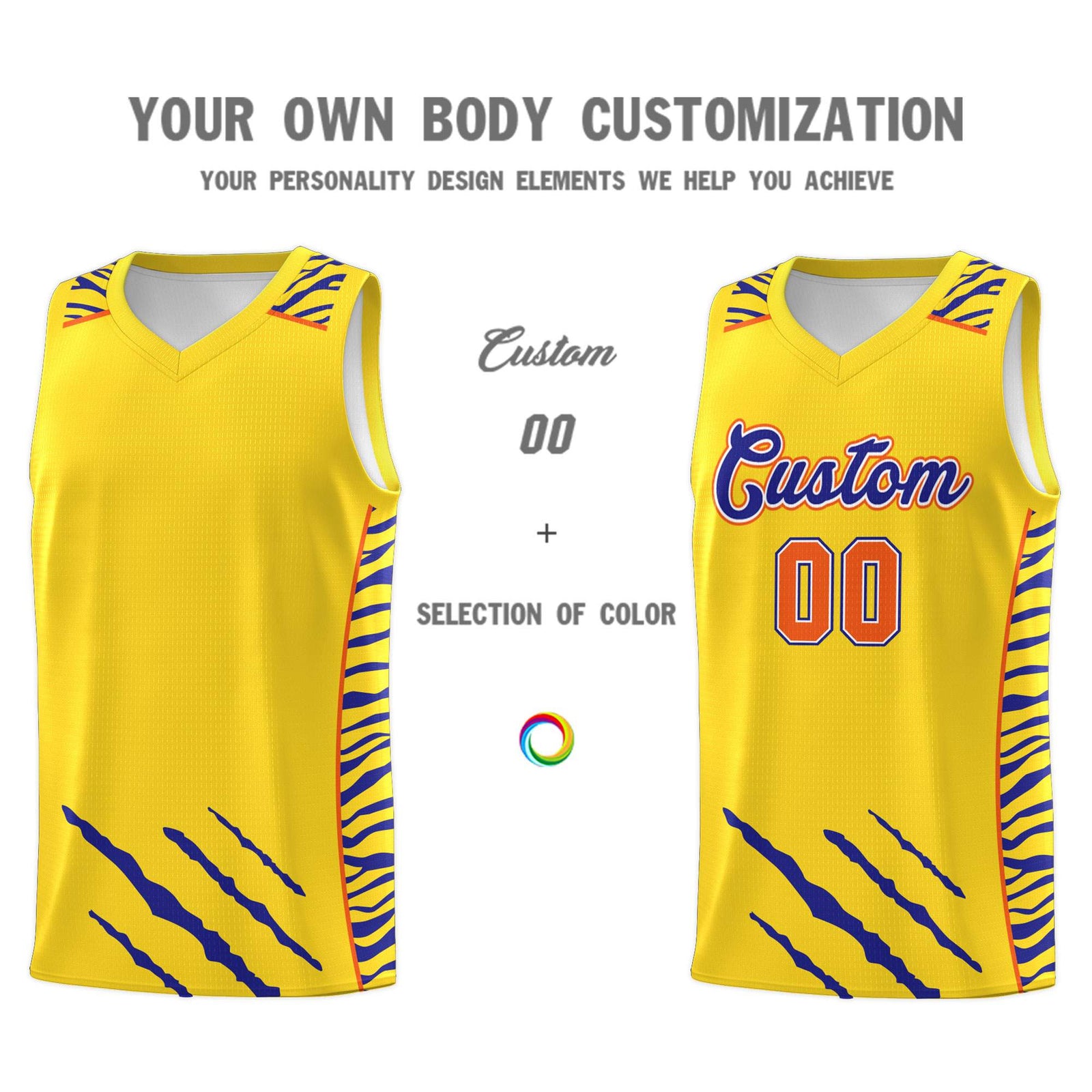 Custom Gold Personalized Tiger Claw Pattern Sports Uniform Basketball Jersey