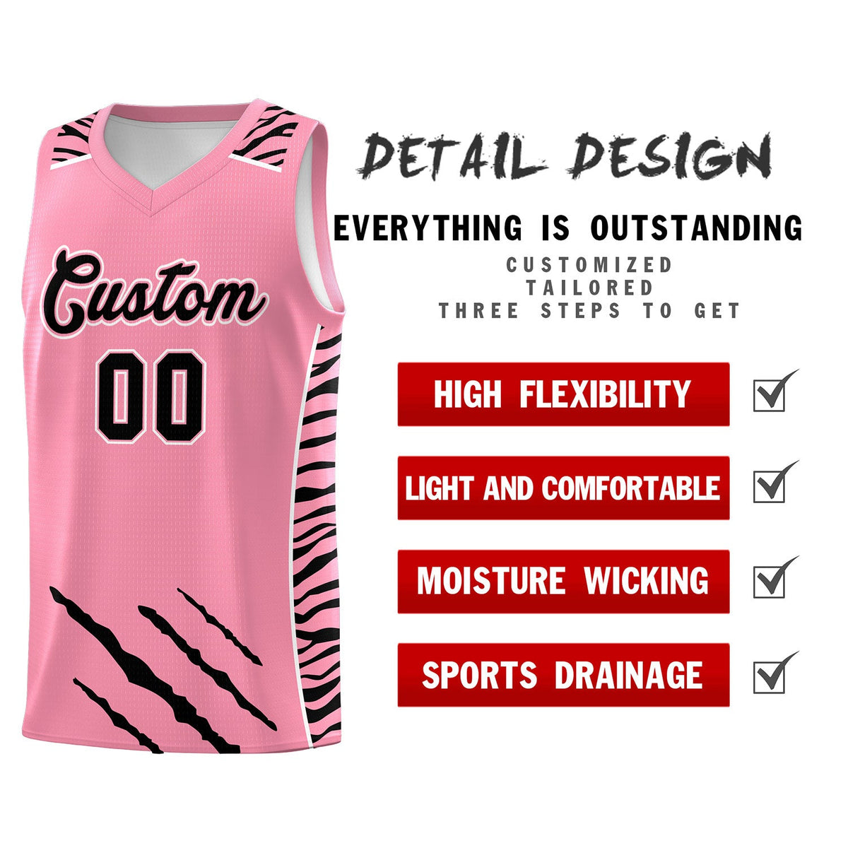 Custom Light Pink Personalized Tiger Claw Pattern Sports Uniform Basketball Jersey
