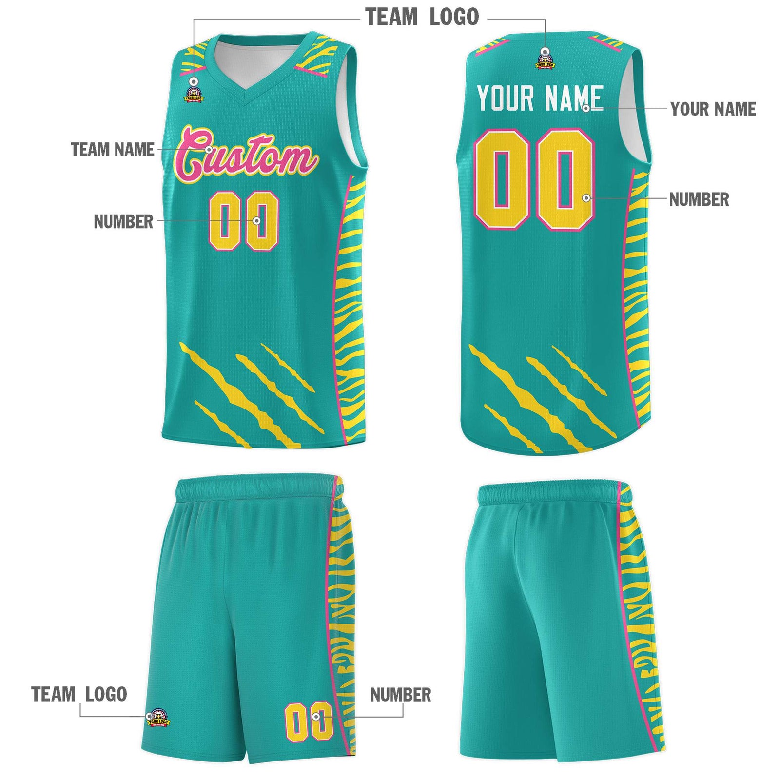 Custom Aqua Personalized Tiger Claw Pattern Sports Uniform Basketball Jersey