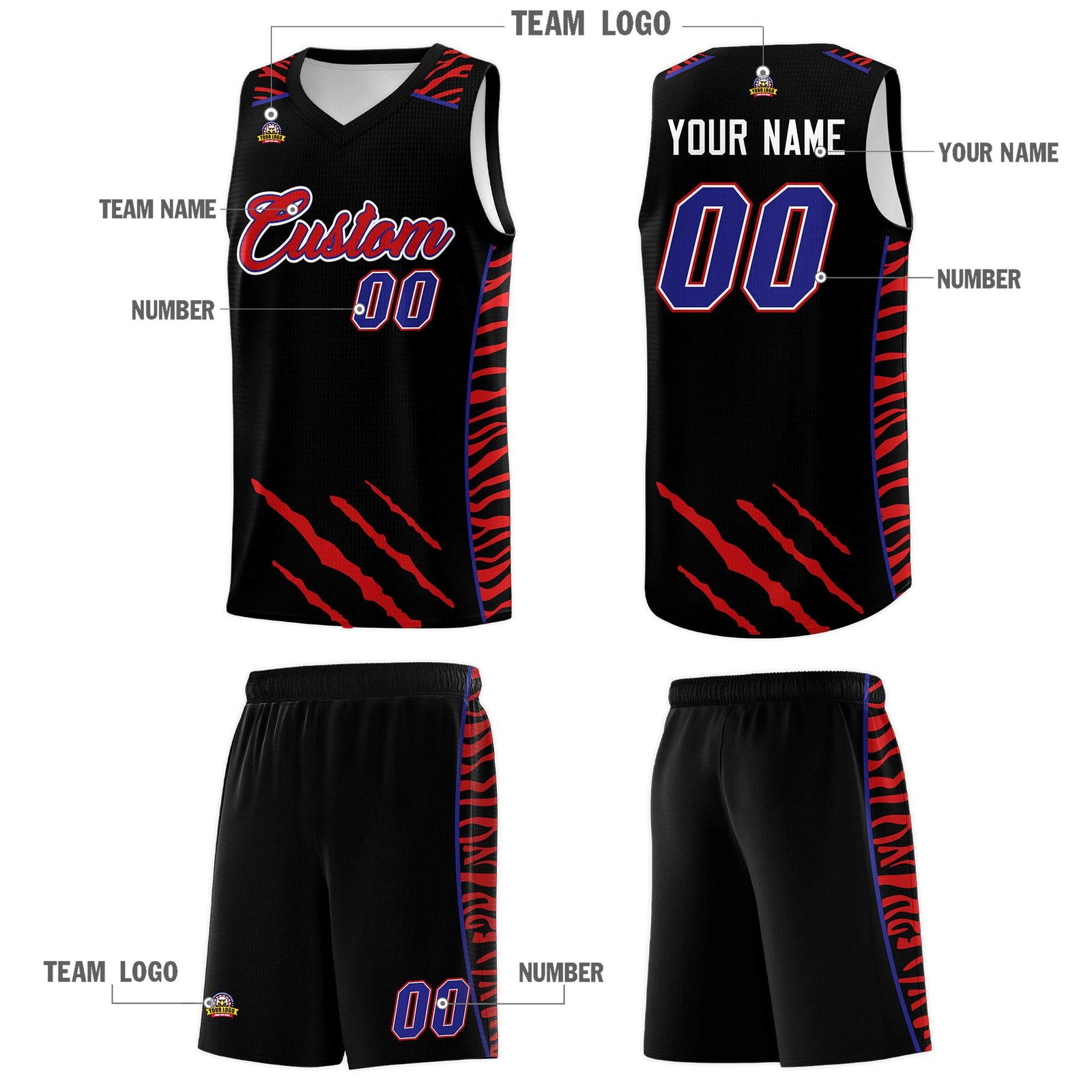 Custom Black Personalized Tiger Claw Pattern Sports Uniform Basketball Jersey