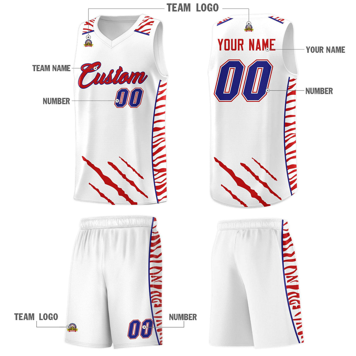 Custom White Personalized Tiger Claw Pattern Sports Uniform Basketball Jersey