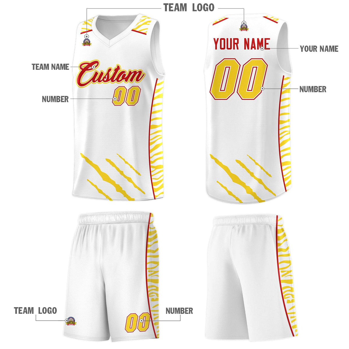 Custom White Personalized Tiger Claw Pattern Sports Uniform Basketball Jersey