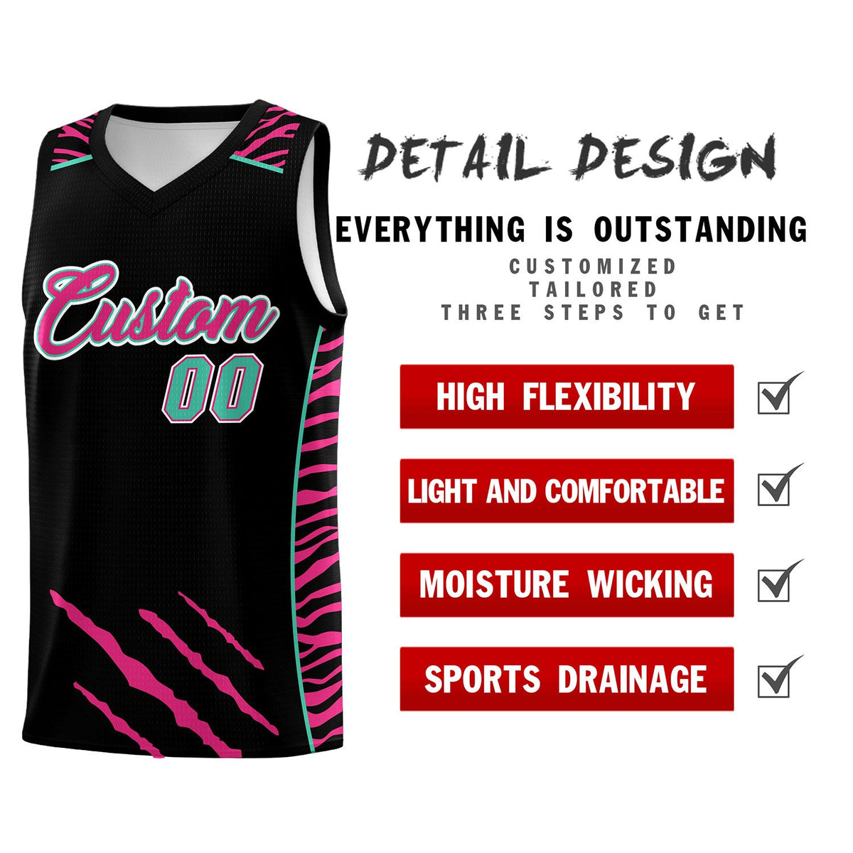 Custom Black Personalized Tiger Claw Pattern Sports Uniform Basketball Jersey