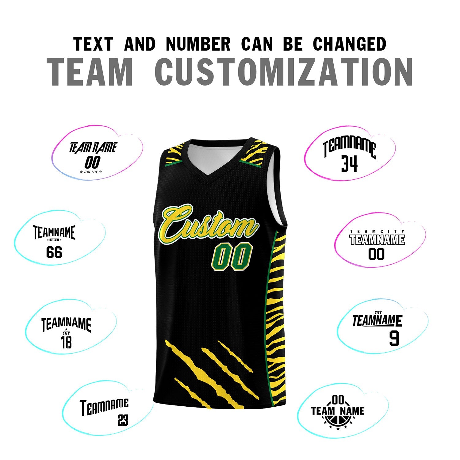 Custom Black Personalized Tiger Claw Pattern Sports Uniform Basketball Jersey