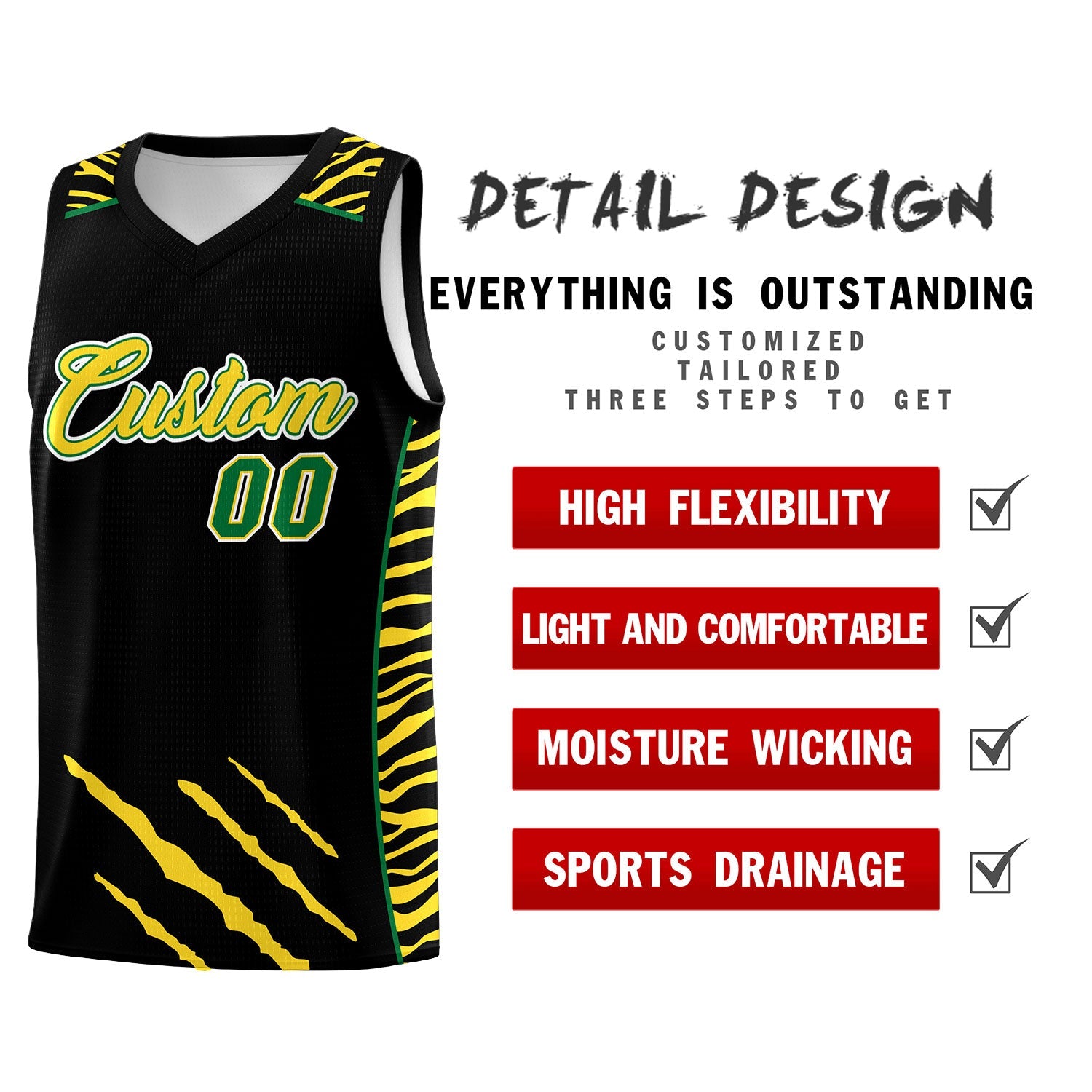 Custom Black Personalized Tiger Claw Pattern Sports Uniform Basketball Jersey