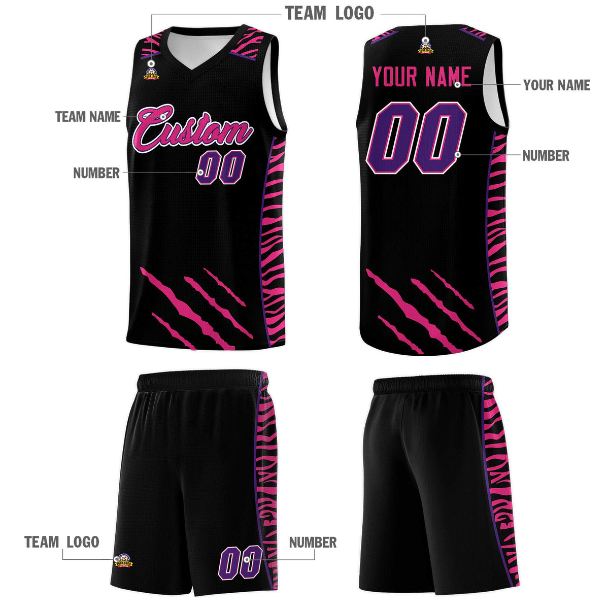 Custom Black Personalized Tiger Claw Pattern Sports Uniform Basketball Jersey