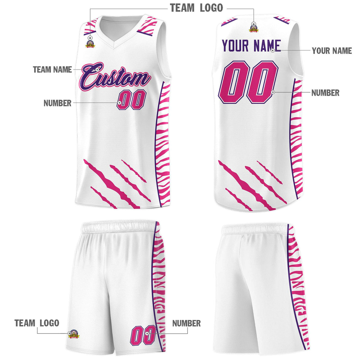 Custom White Personalized Tiger Claw Pattern Sports Uniform Basketball Jersey