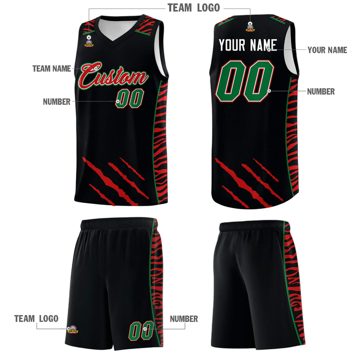 Custom Black Personalized Tiger Claw Pattern Sports Uniform Basketball Jersey