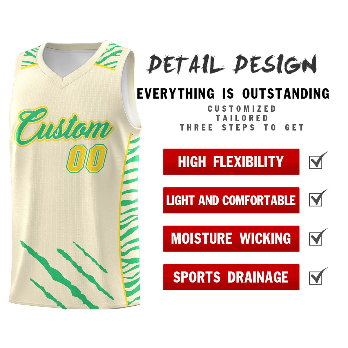 Custom Cream Personalized Tiger Claw Pattern Sports Uniform Basketball Jersey