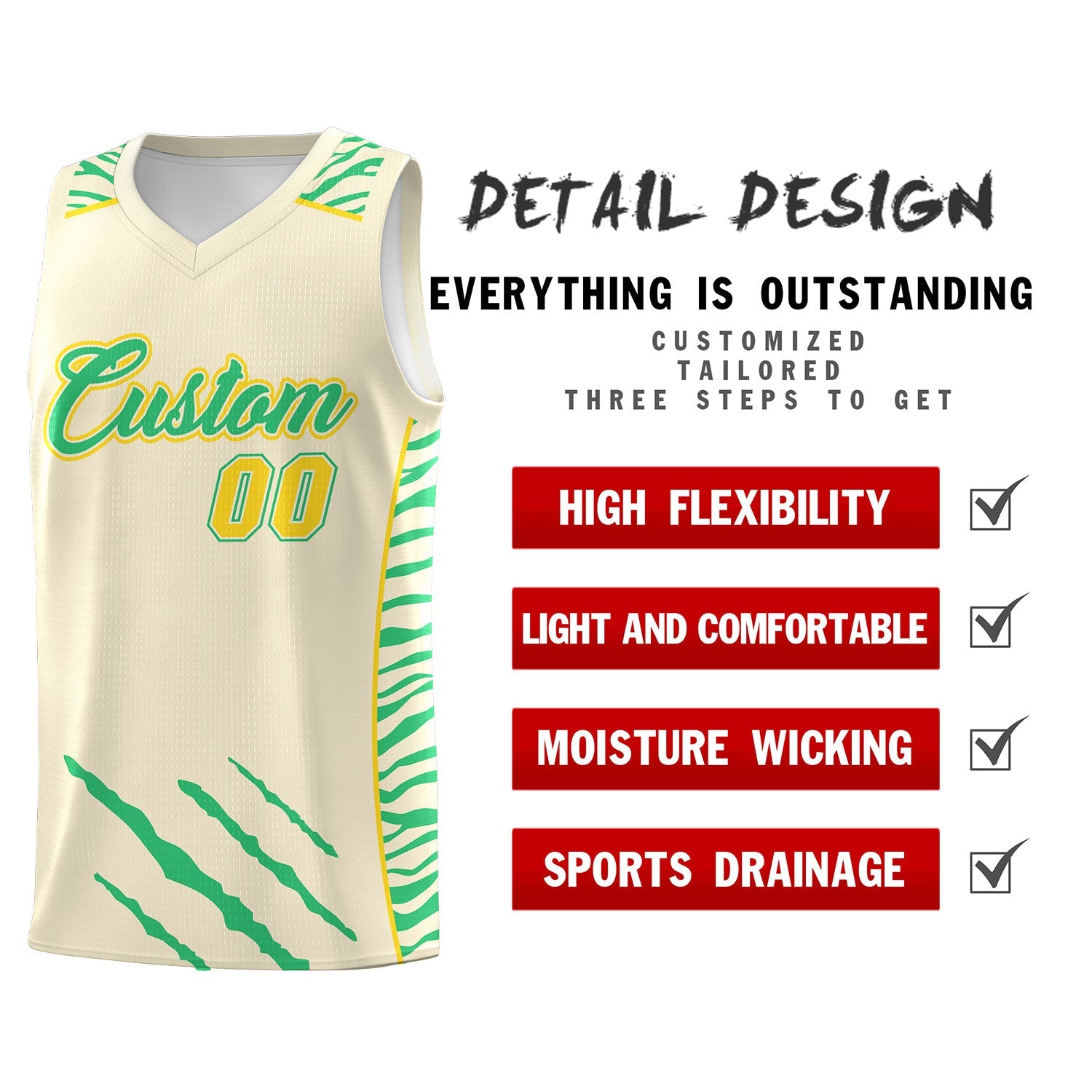 Custom Cream Personalized Tiger Claw Pattern Sports Uniform Basketball Jersey