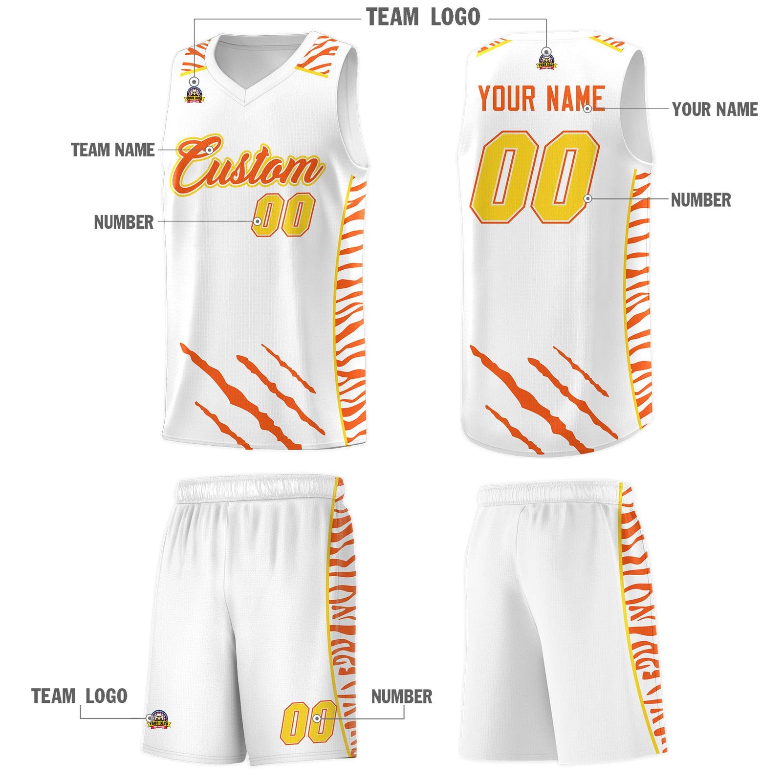 Custom White Personalized Tiger Claw Pattern Sports Uniform Basketball Jersey