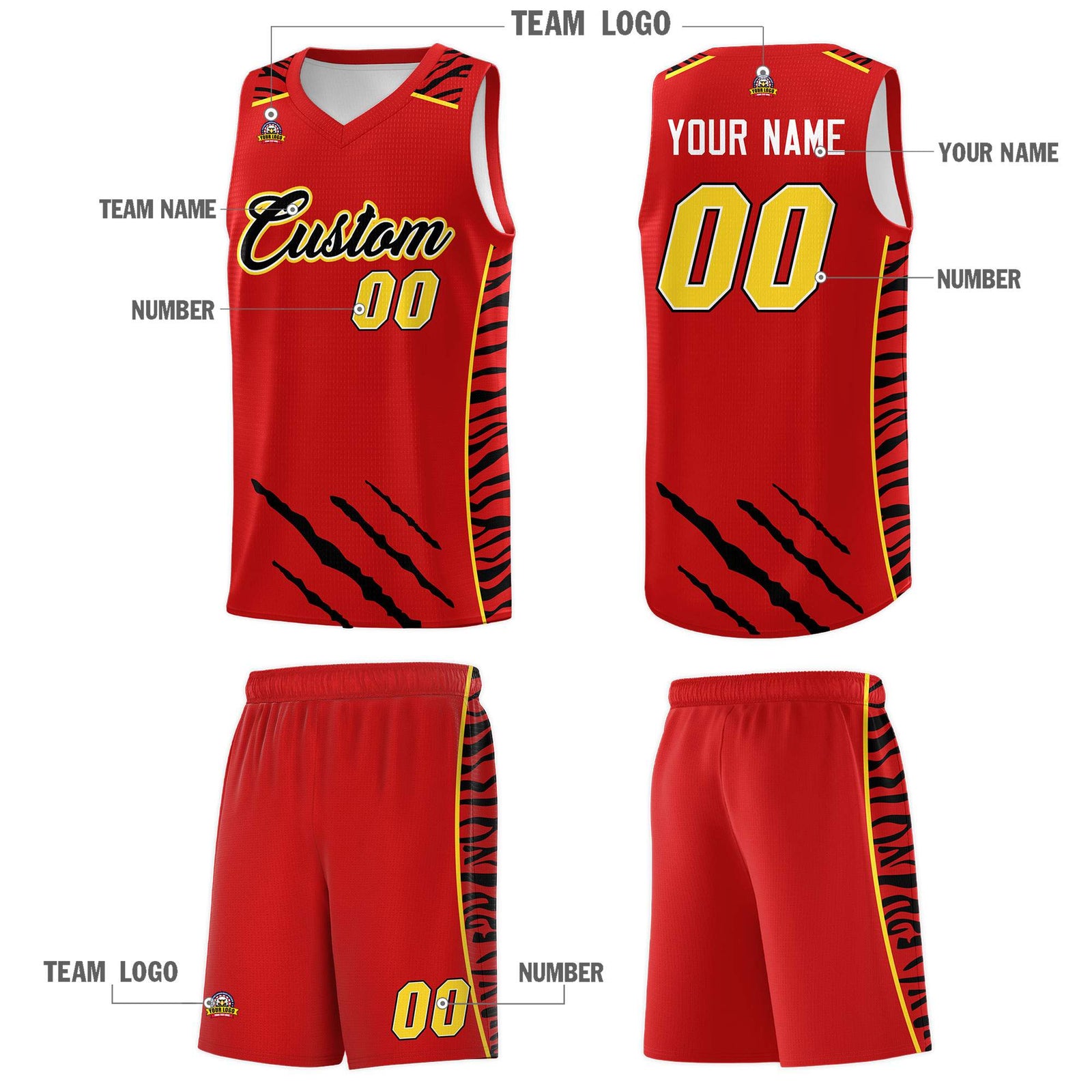 Custom Red Personalized Tiger Claw Pattern Sports Uniform Basketball Jersey