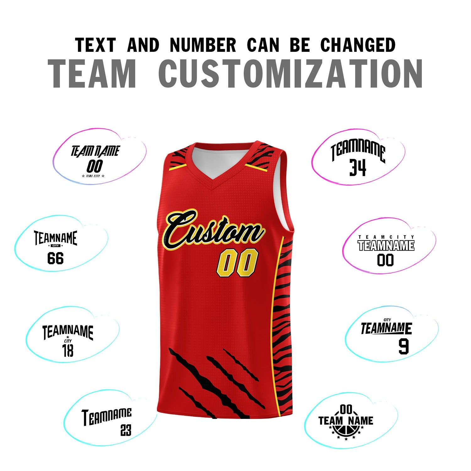Custom Red Personalized Tiger Claw Pattern Sports Uniform Basketball Jersey