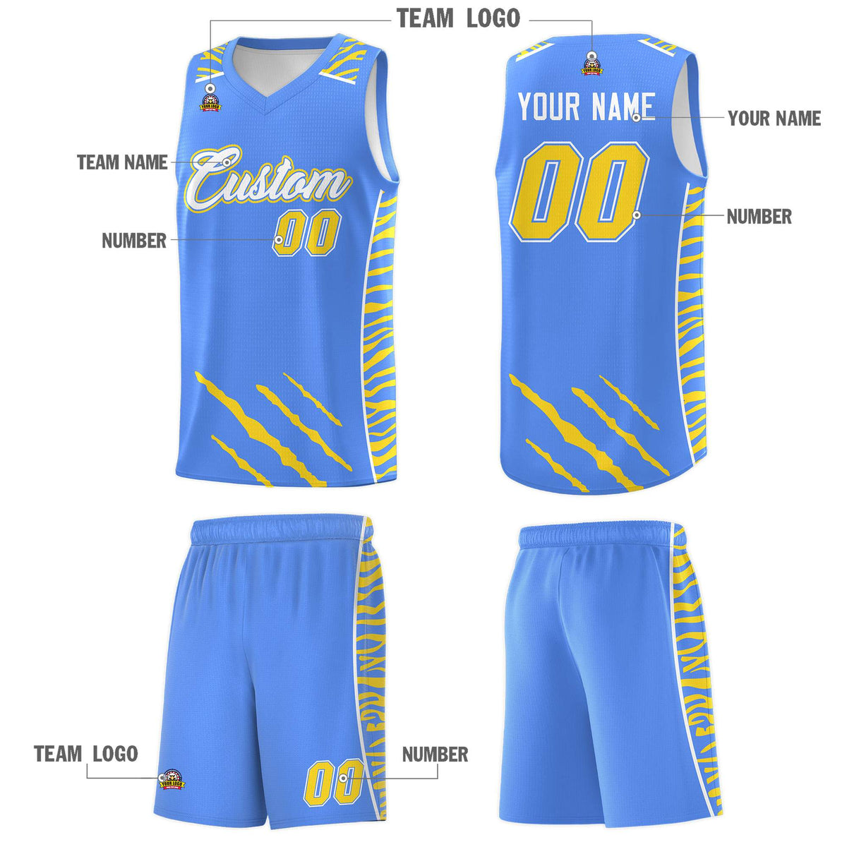 Custom Powder Blue Personalized Tiger Claw Pattern Sports Uniform Basketball Jersey