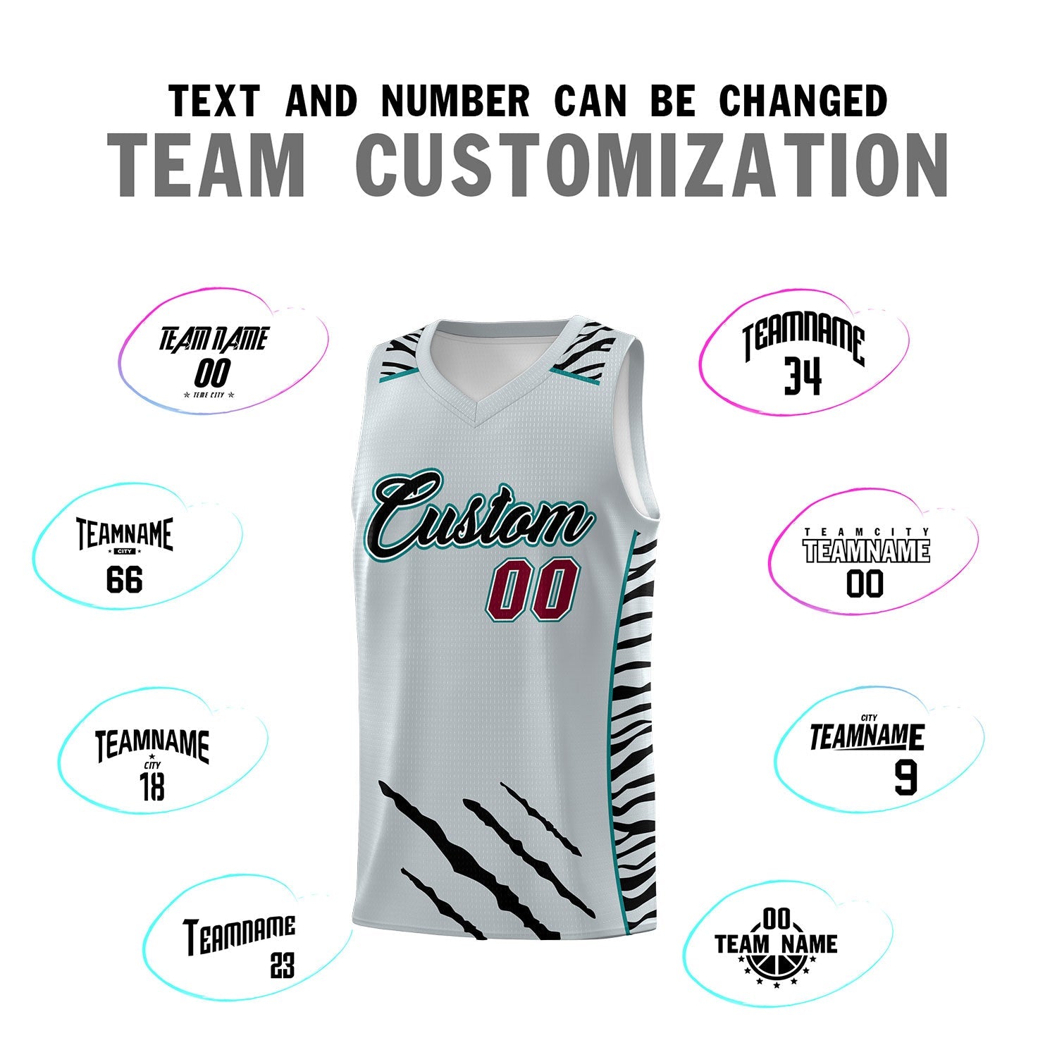 Custom Silver Personalized Tiger Claw Pattern Sports Uniform Basketball Jersey