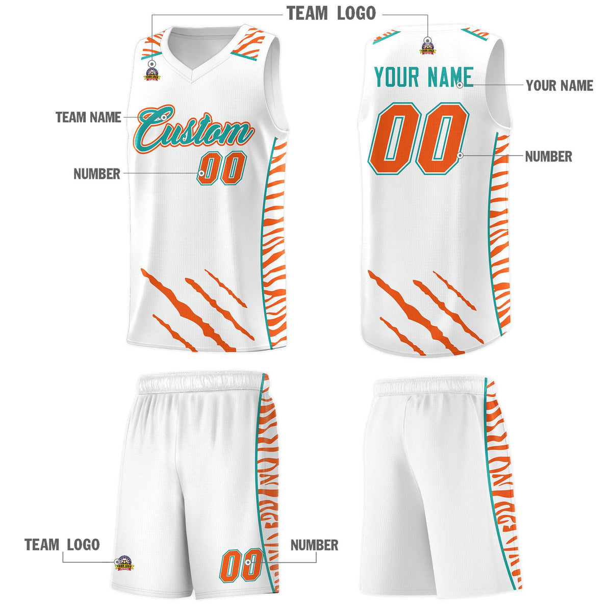 Custom White Personalized Tiger Claw Pattern Sports Uniform Basketball Jersey