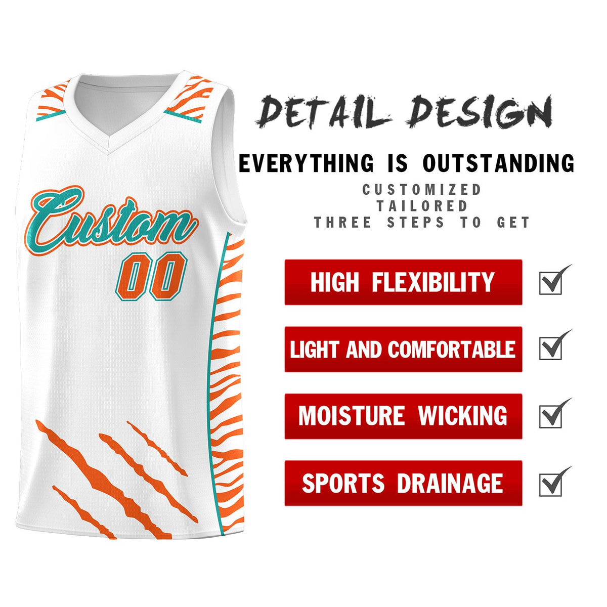 Custom White Personalized Tiger Claw Pattern Sports Uniform Basketball Jersey