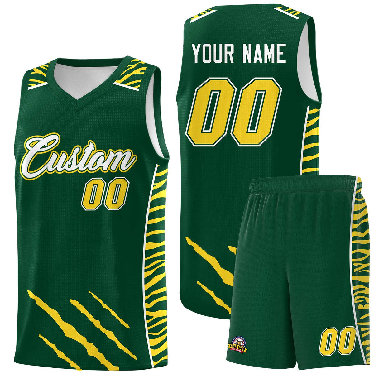 Custom Green Personalized Tiger Claw Pattern Sports Uniform Basketball Jersey